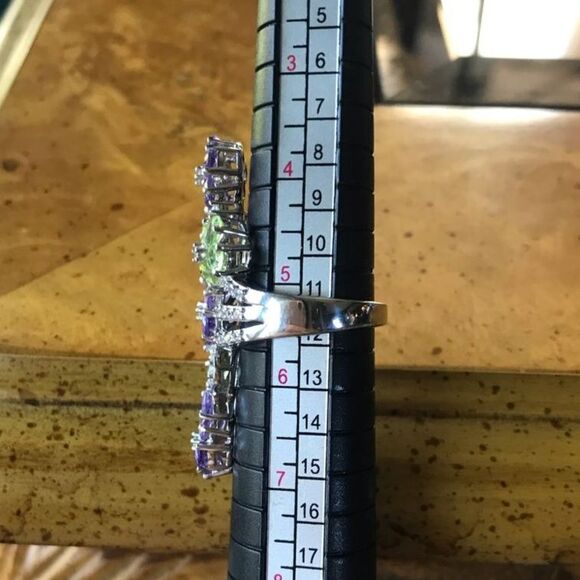 Natural Amethyst Peridot Sterling Silver Cocktail Ring Size 5.25 - Picture 5 of 8